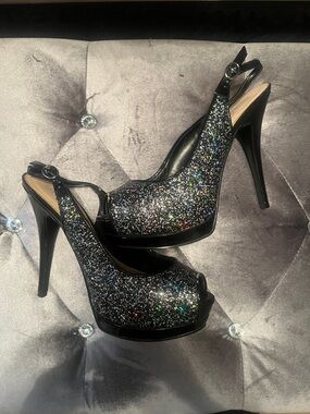 Guess by Marciano Black Multicolor Glitter Peep-Toe Slingback Heels